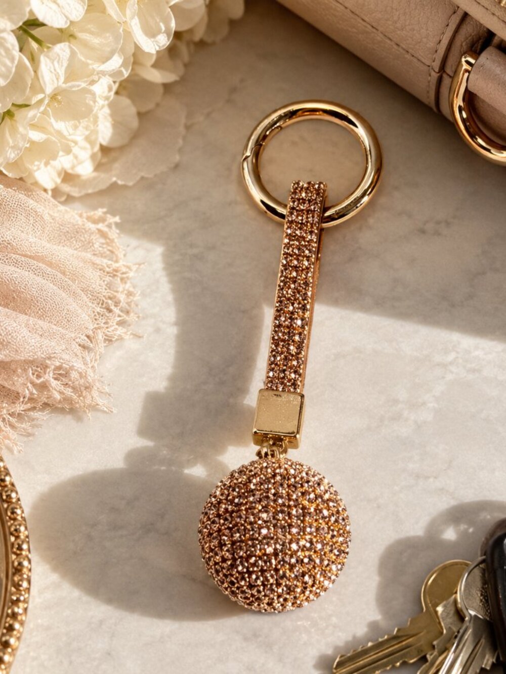 Rose Gold Tone Rhinestone Ball Keychain Bag Charm Made in USA NOS